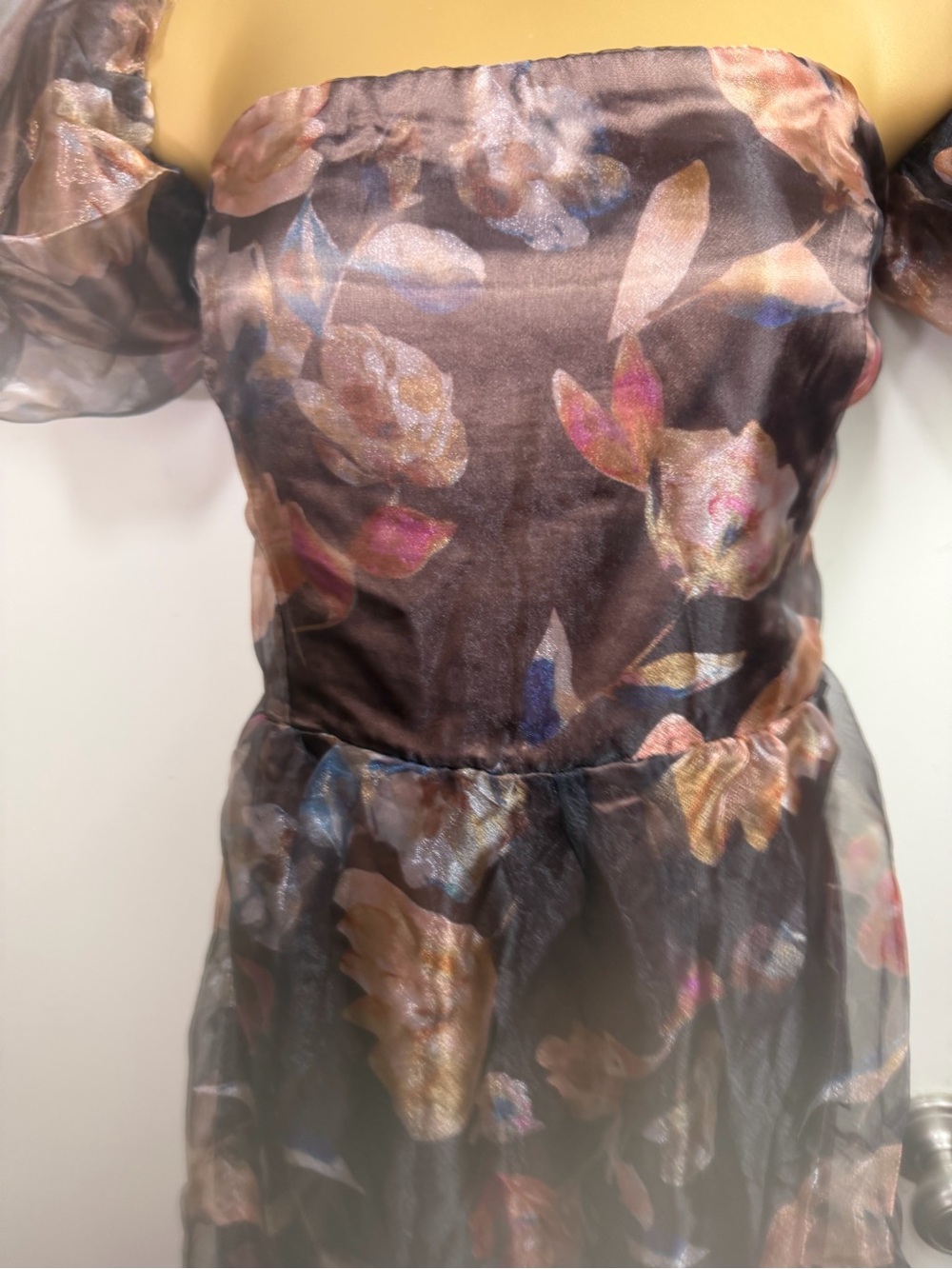 Lulus Exquisite Brown Finesse Floral Organza Off The Shoulder Maxi Dress NWT XL - Picture 10 of 16